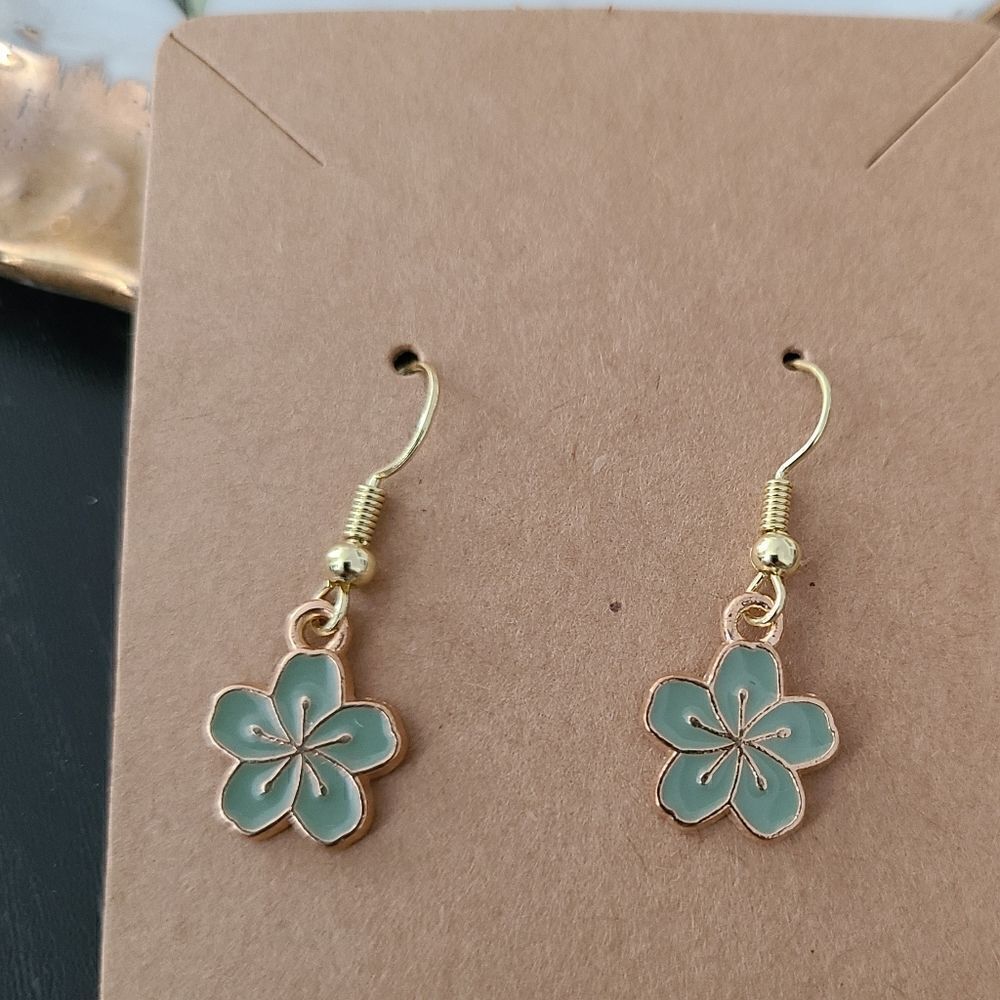New Handcrafted Blue Plumeria Dangle Earrings on 14K Gold Plated Hooks